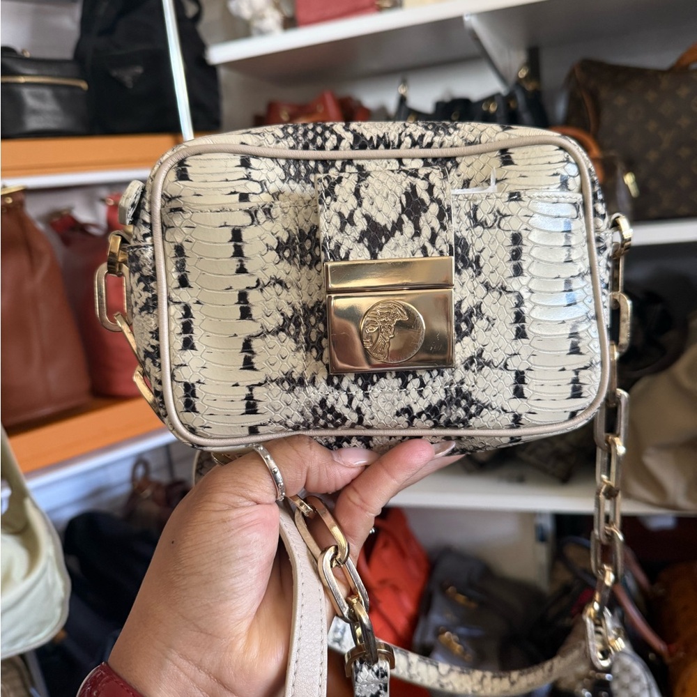 Versace  Vintage in Black and Cream in Exotic Leather Crossbody Bag with Gold h.
